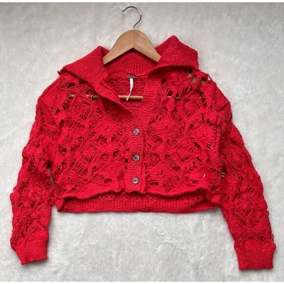 NWT Free People Sedona Open Knit Cropped Cardigan in Guava Berry, Size Small - Picture 13 of 16